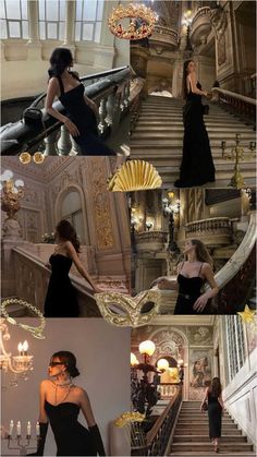 a collage of photos showing the steps and chandeliers in an ornate building