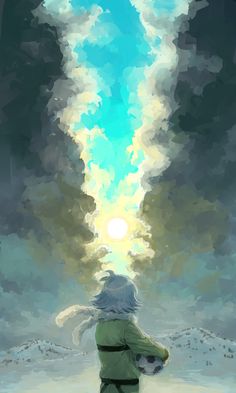 a painting of a person standing in the snow looking up at an interesting cloud formation