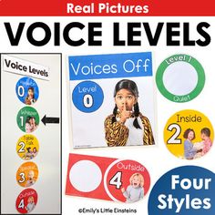 there is a poster with the words voice levels and four styles on it, along with pictures of children's faces