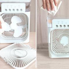 two pictures showing how to clean an electric fan