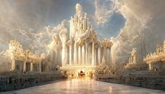 an artistic rendering of a cathedral in the middle of a large room with columns and pillars