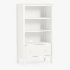 a white bookcase with two drawers on one side and an open drawer on the other