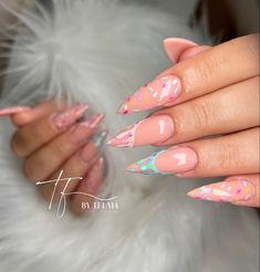 Donut Inspired Nails, Birthday Cake Acrylic Nails, 21 Nails Birthday Art Designs, Summer Birthday Nails Almond, Donut Nails Design, Donut Nail Art, Kawaii Nails Acrylic, Doughnut Nails, Birthday Cake Nails