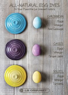 four different colored eggs are arranged on a wooden surface with the words, all natural egg dyes