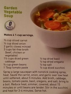 a recipe for vegetable soup in a bowl