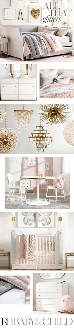 a collage of photos showing different types of furniture and decor in white, pink, gold and silver