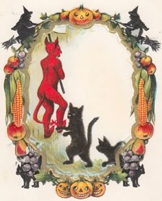 an old halloween card with cats and pumpkins