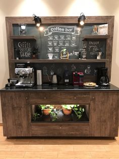 a coffee bar with plants growing in it