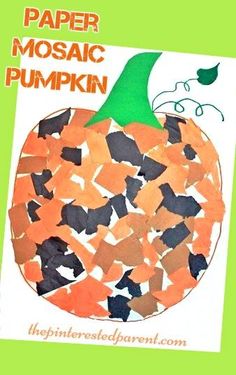 a paper mosaic pumpkin is shown with the words, paper mosaic pumpkin on it's side