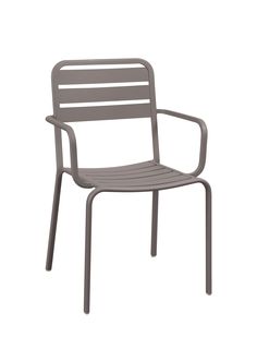 a grey plastic chair with arms and legs, viewed from the front angle on an isolated white background