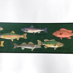 a green table runner with fish painted on the front and sides, in different colors