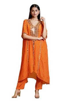 Orange silk crepe kaftan with bandhani print, asymmetric hem and placement hand embroidered sequin and mirrorwork. Paired with printed straight pant. - Aza Fashions Bandhani Print, Embroidered Kaftan, Kimono Sleeves, Kimono Sleeve, Set Women, Silk Crepe, Pant Set, Straight Pants, Asymmetric Hem