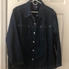 Women’s Dark Navy Denim Shirt With Silver Buttons. Could Also Be Worn Open As A Light Jacket. Size 18-20. Never Worn, But No Tags. Silver Buttons, Light Jacket, Denim Shirt, Dark Navy, Colorful Shirts, Button Down Shirt, Color Blue, Blue Color, Womens Tops