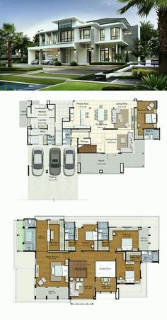 two story house plan with three car garages and an open living area in the middle