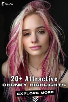 Transform your look with chunky highlights that exude confidence – embracing bold colors and daring contrasts for a style that's uniquely you. 💁‍♀️💫 Pop Color Hair Ideas, Pink And Blonde Hairstyles, Chunks Of Color In Hair, Hair Color Pink Highlights, Colored Tips Hair Blonde, Diy Chunky Highlights, How To Do Chunky Highlights, Vivid Hair Color Ideas Blondes