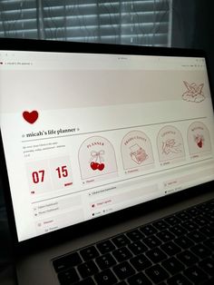 a computer screen showing the time and date for valentine's day, with hearts on it