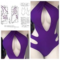 the back of a purple bodysuit with cutouts on it and an image of a woman's torso