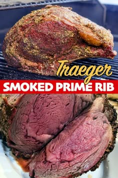 a roasting rack with meat on it and the words trapper smoked prime rib