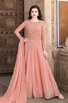 Party Wear Anarkali, Anarkali Tops, Silk Anarkali Suits, Salmon Peach, Pink Anarkali, Indian Anarkali, Anarkali Dresses, Georgette Anarkali, Silk Anarkali