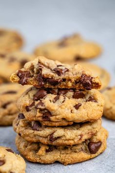 chocolate chip cookies stacked on top of each other