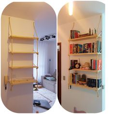 there are two shelves with books on them in the same room, one is empty