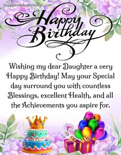 a birthday card for a daughter with flowers and balloons on it, the words happy birthday are