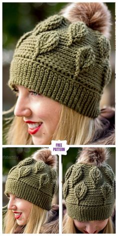 three pictures of a woman wearing a knitted hat with pom - poms