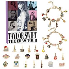 a book with many charms on it and an image of taylor swift the eras tour