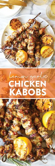 chicken kabobs with lemons and herbs on the side