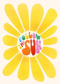 the logo for follow the sun on a white background with yellow and pink flowers in the center