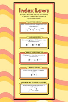 Pink, yellow, orange, math, maths, algebra, index laws, index rules Laws Of Indices, Infographic Template, Venn Diagram, Chart Design, Yellow And Pink, Teaching Science, Math Classroom, Infographic Templates, Science