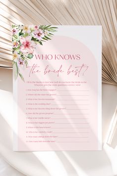 Hawaiian Who Knows The Bride Best Bridal Shower Game, Printable Modern Hot Pink Tropical How Well Do You Know The Bride Bachelorette Game H1 Hawaiian Bridal Shower Ideas, Flower Bridal Shower Theme, Bridal Shower Mad Libs, Hens Ideas, Hawaiian Bridal Shower, Luau Bridal Shower, Romantic Bridal Shower