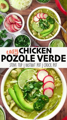 chicken pozole verde soup in a white bowl with sliced radishes, avocado and limes