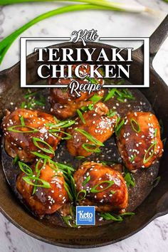 the cover of teriyaki chicken recipe is shown in a skillet with green onions and sesame seeds