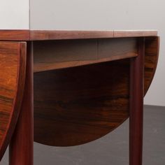 a close up of a wooden table with a white wall in the background