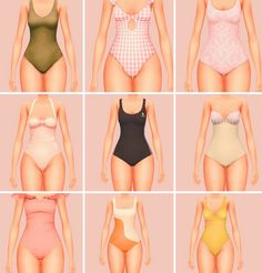 six different types of women's swimsuits are shown in various colors and sizes