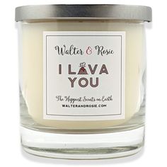 a candle that says i lava you in front of a white background with the words water and rose on it