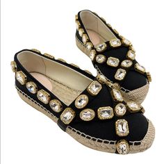 Brand New Authentic With Tags, Box, Dust Bags And Cards -Gucci Code Embossed In Leather Inside Shoe: 573025 -Size: Us 6/ Eu 35+ -Insole Length: 8.75 Inches -Crystals Embellished Jeweled Stud Accents -Black Canvas -Leather Interior Made In Spain Item #1477 Elegant Black Slip-on Espadrilles, Designer Black Closed Toe Espadrilles, Luxury Black Closed Toe Espadrilles, Luxury Black Round Toe Espadrilles, Chic Gucci Espadrilles With Round Toe, Elegant Gucci Espadrilles With Round Toe, Black Luxury Flat Espadrilles, Luxury Black Flat Heel Espadrilles, Luxury Black Flat Espadrilles