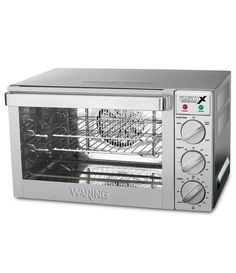 a stainless steel toaster oven with the door open and racking on it's side