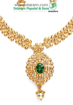 22 Karat Gold Necklace & Drop Earrings Set with Uncut Diamonds, Ruby, Emeralds & South Sea Pearls    This Necklace has interchangeable Stones in the Center of the Pendant & Ear Hangings.    - 235-DS483 - in 60.250 Grams for USD $6865.94.  Made in India by Totaram Jewelers Online this product is in Gold - 22 Karat BIS Hallmark 916 KDM Gold  & is an excellent gift for Adult - Women. Ships fully insured with secured guaranteed delivery for free with your order over $250 from New Jer Gold Temple Jewelry Style Emerald Necklace For Reception, Gold Emerald Necklace For Reception In Temple Jewelry Style, Traditional Gold Emerald Necklace For Reception, Gold Emerald Necklace For Formal Festivals, Gold Emerald Necklace For Receptions, Temple Jewelry Style, Festive Gold Emerald Necklace For Reception, Formal Gold Emerald Necklace For Festivals, Gold Emerald Necklace With Intricate Design For Reception, Gold Emerald Necklace For Reception