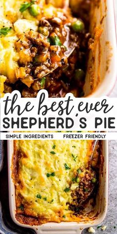 the best ever shepherdd's pie recipe in a casserole dish