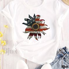 Bjux - Womens Plus Size Patriotic T-Shirt with Floral Print and Flag Pattern, Short Sleeves, Round Neckline and Slight Stretch for Casual Comfort on Independence Day White T-shirt With American Flag Print For Spring, Spring Graphic Tee With Flag Print, Spring Crew Neck T-shirt With American Flag Print, Casual Multicolor T-shirt For 4th Of July, Patriotic Crew Neck T-shirt For Spring, Summer Flag Print Crew Neck T-shirt, Summer Crew Neck T-shirt With Flag Print, Casual Printed T-shirt For 4th Of July, Multicolor Flag Print Casual T-shirt