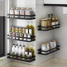 the shelves are organized with spices and condiments