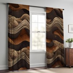 a living room with a large window covered in brown and black curtains, next to a dresser