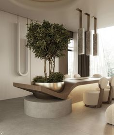 a modern living room with a tree in the center