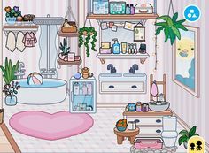 a room with pink walls and lots of stuff on the shelves in front of it