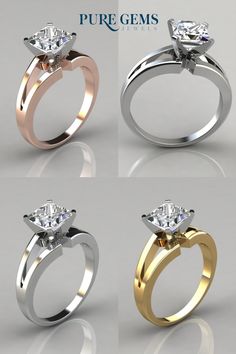 four different types of engagement rings with diamonds