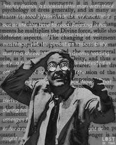 a man wearing glasses and a suit with his hands on his head in front of a text pattern