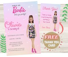 a barbie doll birthday party with thank you card and thank you card for the girl