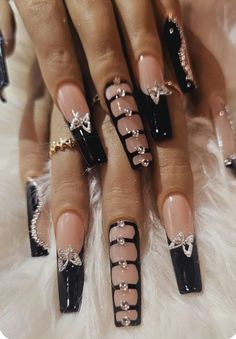 Club Spade Heart Diamond Nails, Xxl Acrylic Press On Nails, Long Black French Tip Nails With Gems, White Nails Snake Charm, New Years Nail Inspo Square, Black Nails With Butterfly Design, Black Double French Tip Nails, Dark Hands Nails, Black N Purple Nails